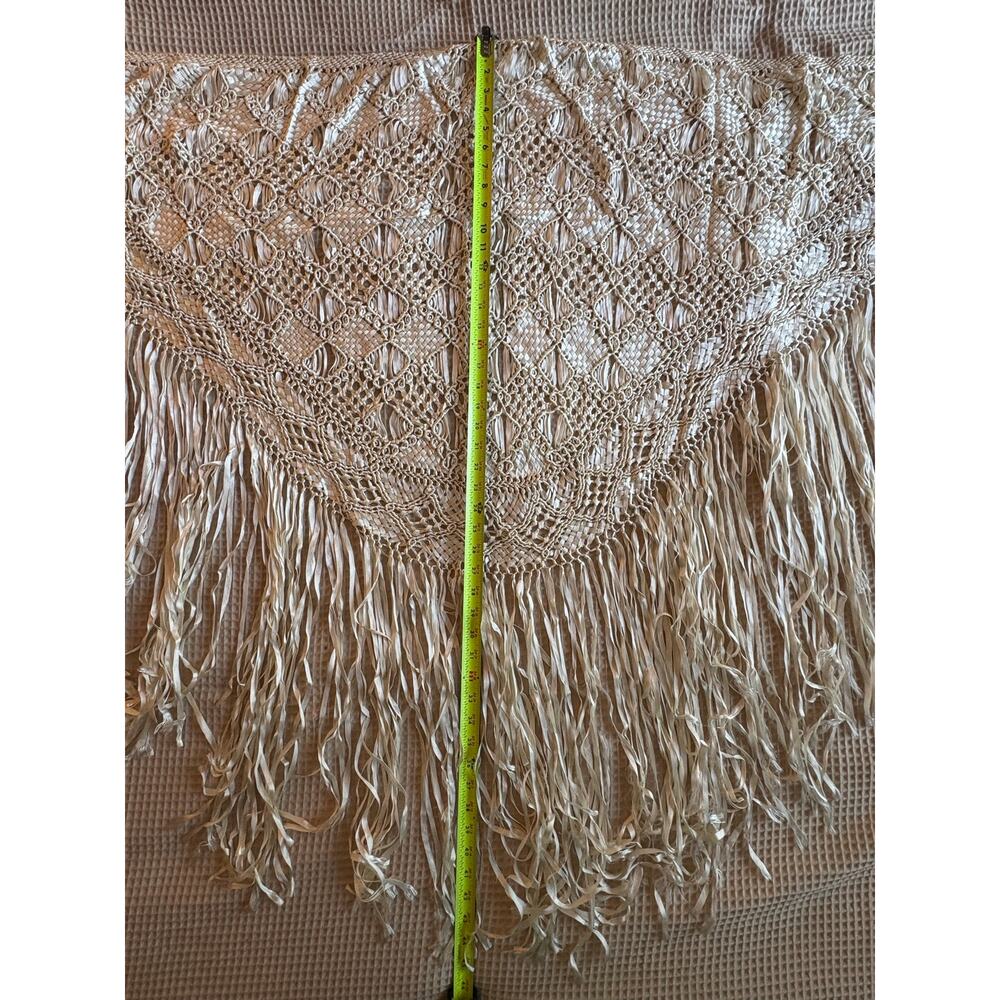 Cream Ivory Crocheted Lace Shawl Wrap Long Fringe Boho - Picture 3 of 4